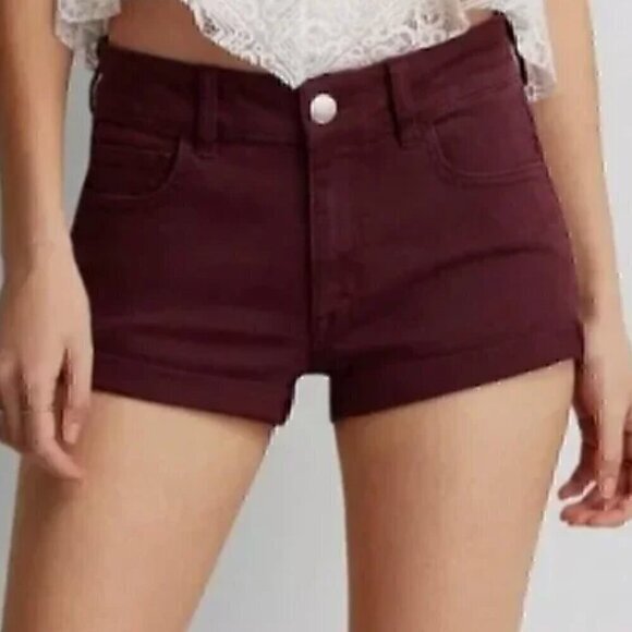AMERICAN EAGLE Super Stretch Hi-Rise Shortie Burgundy Maroon Red Raw Hem Shorts - Picture 3 of 15